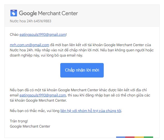 chấp nhận lời mời từ google merchant