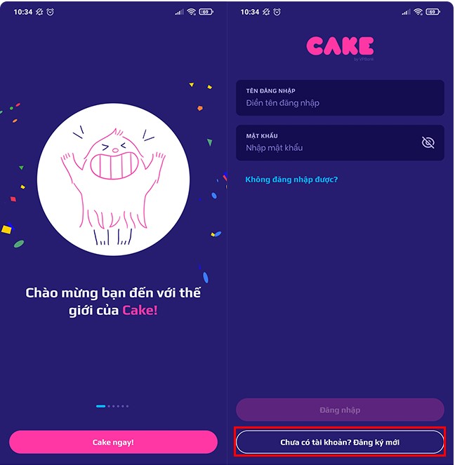 Đăng kí tài khoản cake mới