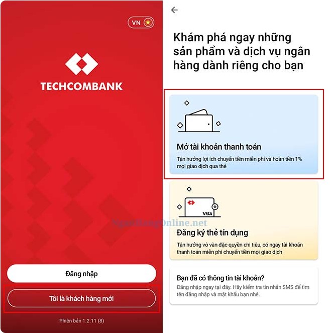 Đăng kí tài khoản mới techcombank