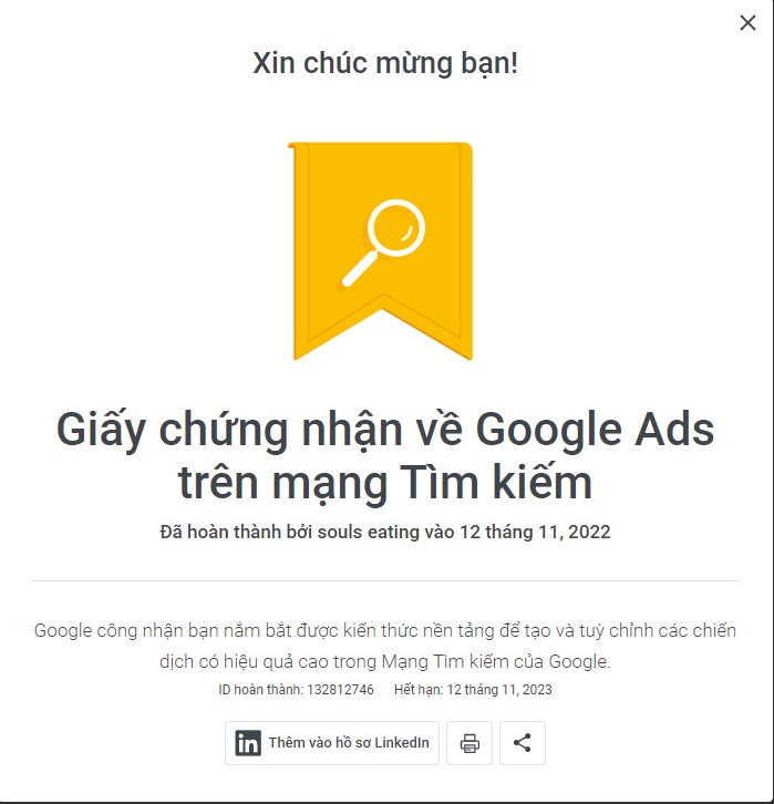 Giấy chứng nhận về google ads - mạng tìm kiếm