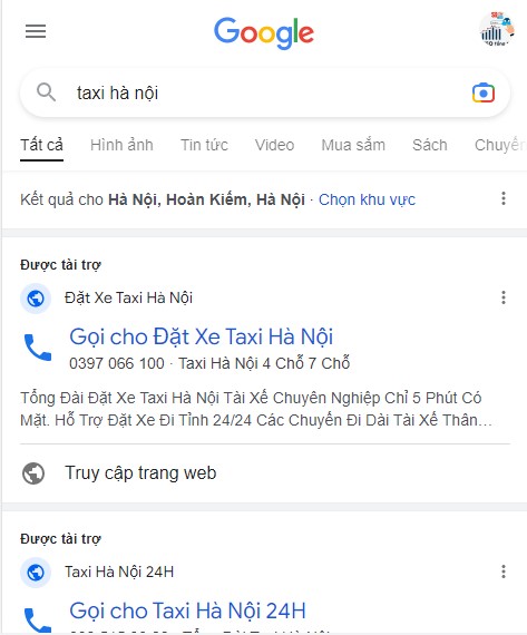 Quảng cáo taxi hà nội trên google